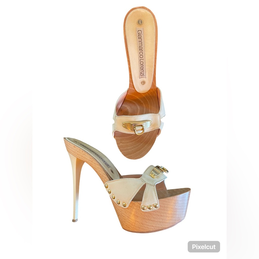 Gianmarco Lorenzo Platform Beige Leather Wooden Clogs, Size Eu 40